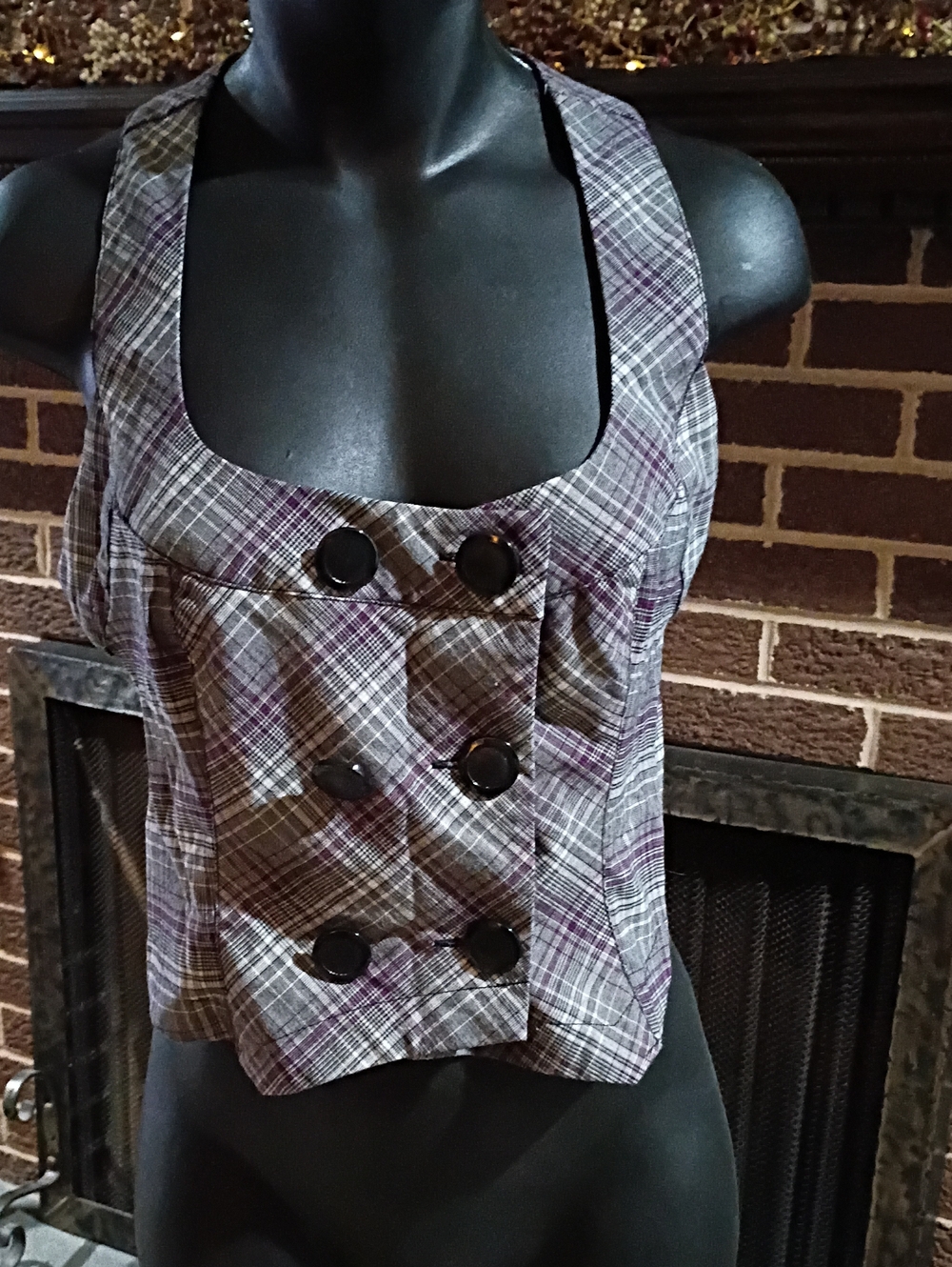 Candie's Plaid Double-Breasted Crop Top - Purple/Gray